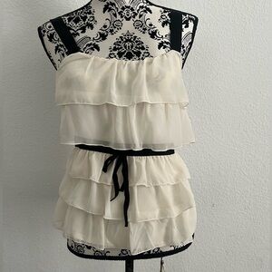 LC Lauren Conrad Ivory Ruffle Blouse with Black Accents xsmall